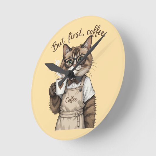 But First, Coffee Cat ラウンド壁時計 (傾斜)