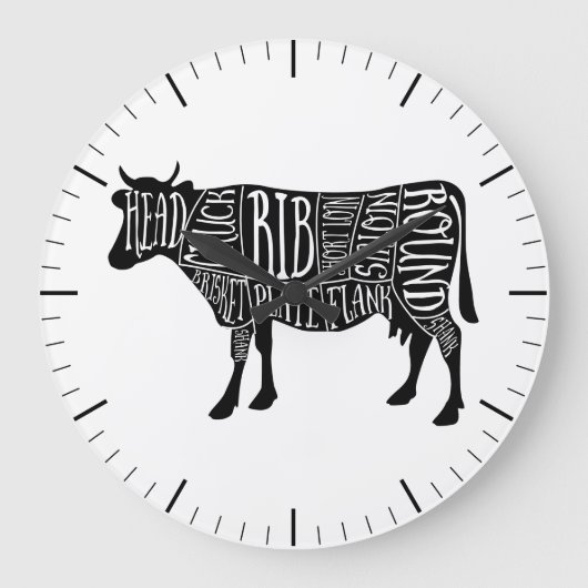 Butcher diagram meat cuts clock beef cow brisket ラージ壁時計 (正面)