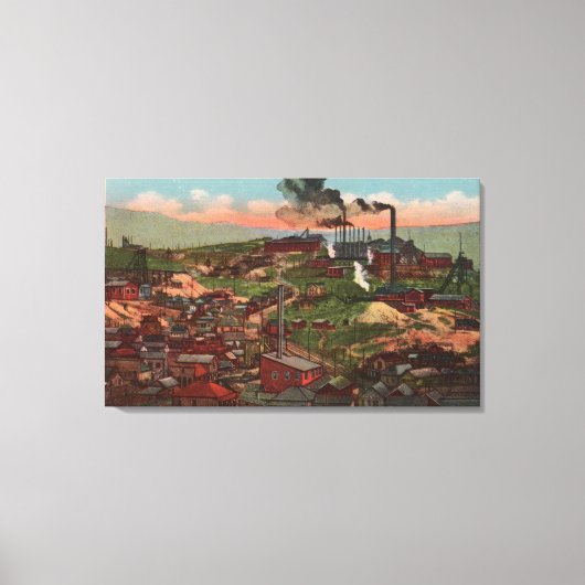 Butte, MT – 丘の上の工場と家のビュー キャンバスプリント (正面)