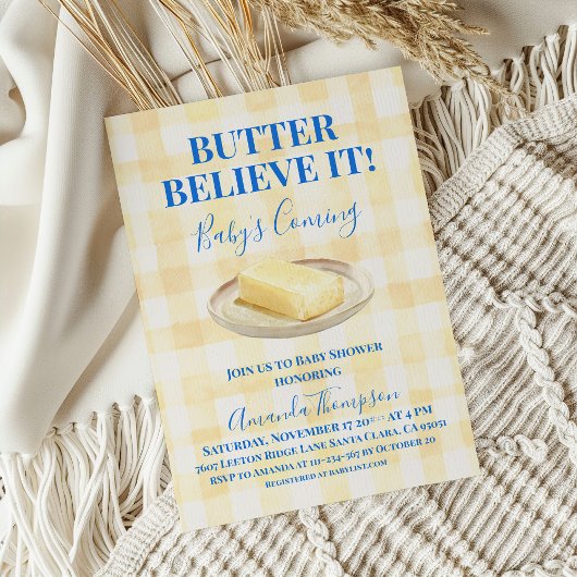 Butter Believe It Yellow Gingham Boy Baby Shower 招待状
