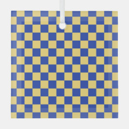 Butter yellow and blue checkered board pattern ガラスオーナメント