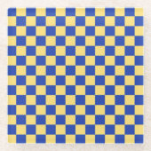 Butter yellow and blue checkered board pattern ガラスコースター (正面)