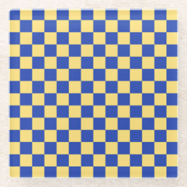 Butter yellow and blue checkered board pattern ガラスコースター