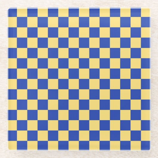Butter yellow and blue checkered board pattern ガラスコースター (正面)