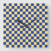 Butter yellow and blue checkered board pattern スクエア壁時計 (正面)