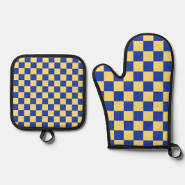 Butter yellow and blue checkered board pattern 鍋つかみ&鍋敷きセット