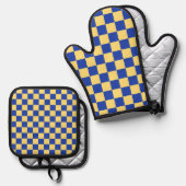 Butter yellow and blue checkered board pattern 鍋つかみ&鍋敷きセット (正面/裏面)