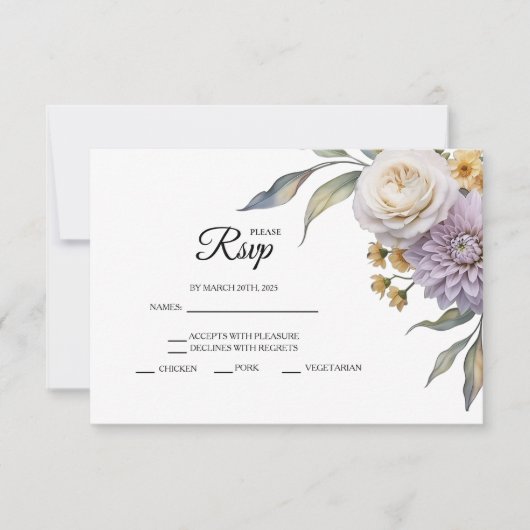 Butter Yellow And Lilac Floral Wedding RSVP Cards (正面)
