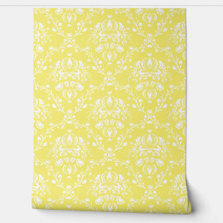 Butter Yellow and White Damask 壁紙