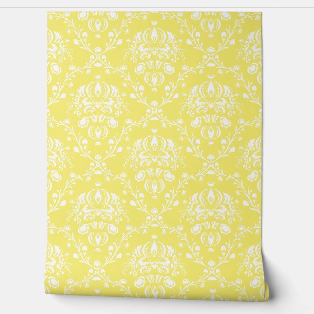 Butter Yellow and White Damask 壁紙 (ほどく)