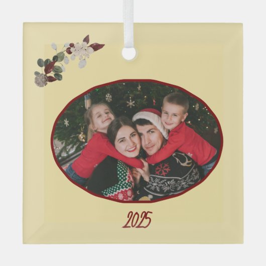 Butter Yellow & Deep Red Floral Photo Christmas ガラスオーナメント (正面)