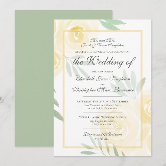 Butter Yellow & Gold Boho Roses Formal Wedding 招待状 (正面/裏面)