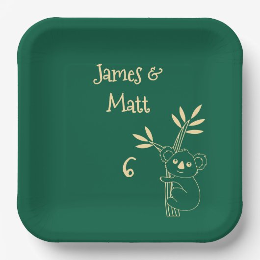 Butter Yellow & Green Australian Animals Birthday ペーパープレート (正面)