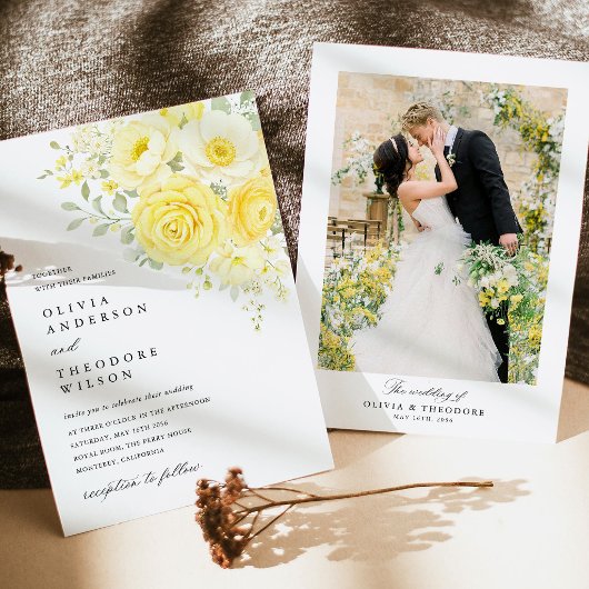 Butter Yellow Ivory Floral Photo Wedding 招待状