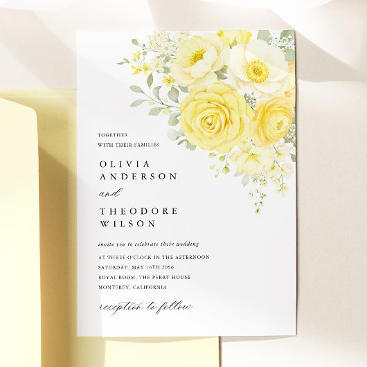 Butter Yellow Ivory Floral Wedding 招待状