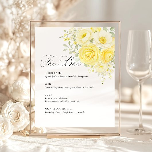 Butter Yellow Ivory Floral Wedding Bar Menu 台座サイン