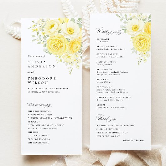 Butter Yellow Ivory Floral Wedding Ceremony プログラム