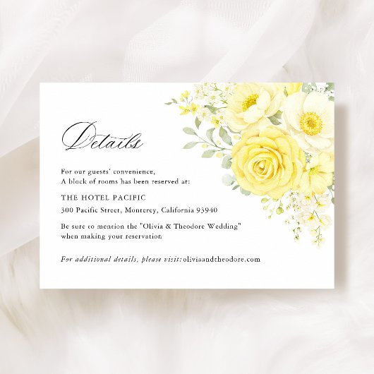 Butter Yellow Ivory Floral Wedding Hotel Details エンクロージャーカード