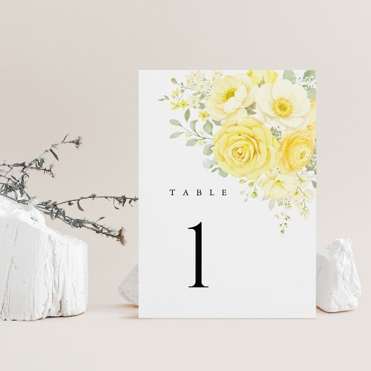 Butter Yellow Ivory Floral Wedding Table Numbers