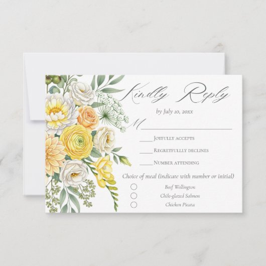 Butter Yellow Peach Sage Green Floral Wedding Meal 出欠カード (正面)