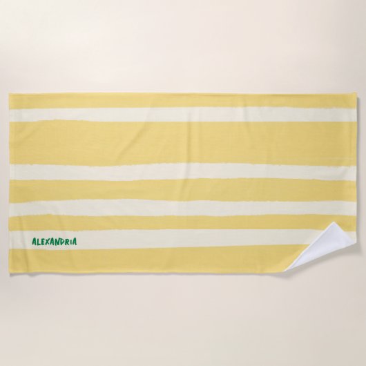 Butter Yellow Striped Chic Personalized Summer ビーチタオル (正面)