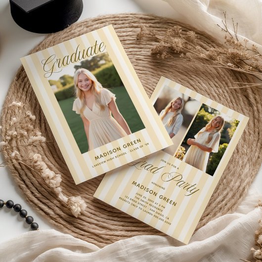 Butter Yellow Striped Preppy Graduation 招待状