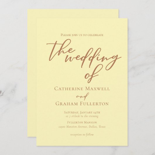 Butter Yellow Typography Minimalist Wedding 招待状 (正面/裏面)