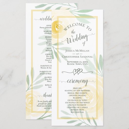 Butter Yellow Watercolor Roses Elegant Wedding プログラム (正面/裏面)