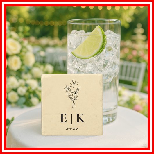 Butter Yellow Wildflower Monogram Wedding ストーンコースター