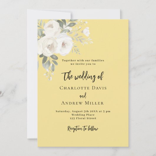 Buttercream yellow white roses wedding 招待状 (正面)