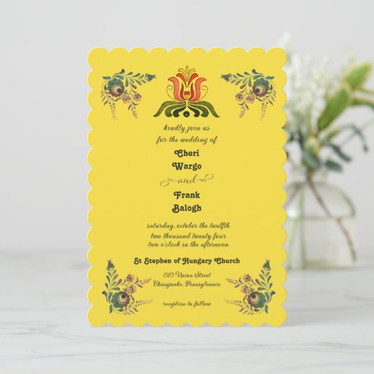 Buttercup Gold Hungarian Wedding Invitation 招待状 (スタンド正面)