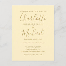 Buttercup Yellowおよび金ゴールドスクリプ結婚ト インビテーションポストカード
