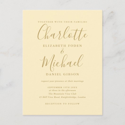 Buttercup Yellowおよび金ゴールドスクリプ結婚ト インビテーションポストカード (正面)