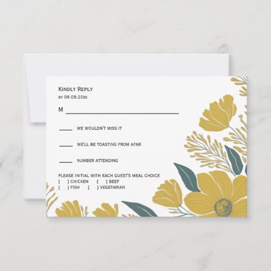 Buttercup Yellowフローラモダン結婚の応答、 出欠カード (正面)