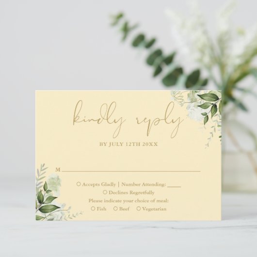 Buttercup Yellow And Gold Greenery Wedding 出欠カード (スタンド正面)