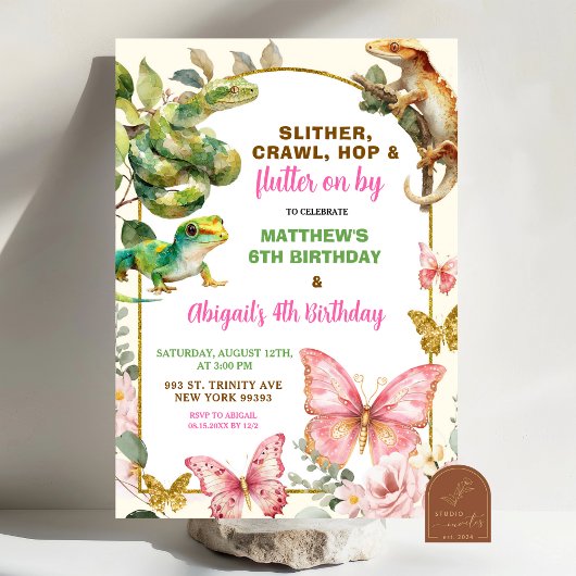 Butterflies and Reptiles Joint Sibling Birthday  招待状