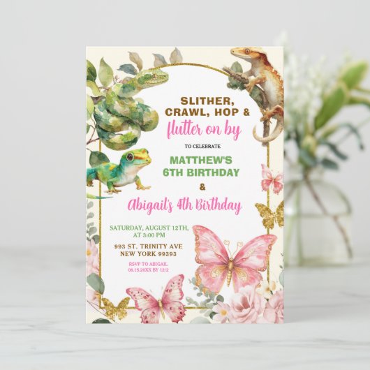 Butterflies and Reptiles Joint Sibling Birthday  招待状 (スタンド正面)