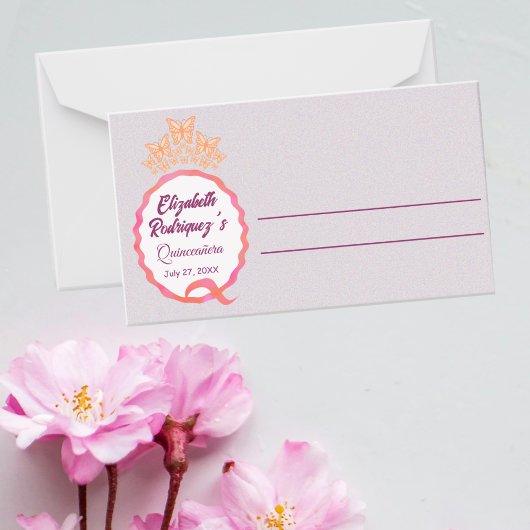 Butterflies Crown Quinceanera Pink Peach Squiggle プレイスカード