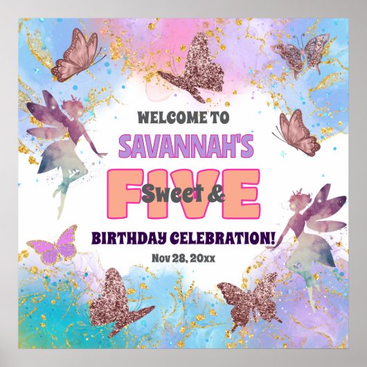 Butterflies Fairy Glitter 5th Birthday Welcome ポスター (正面)