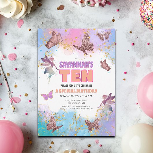 Butterflies Fairy Gold Glitter 10th Birthday Party 招待状