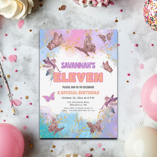 Butterflies Fairy Gold Glitter 11th Birthday Party 招待状