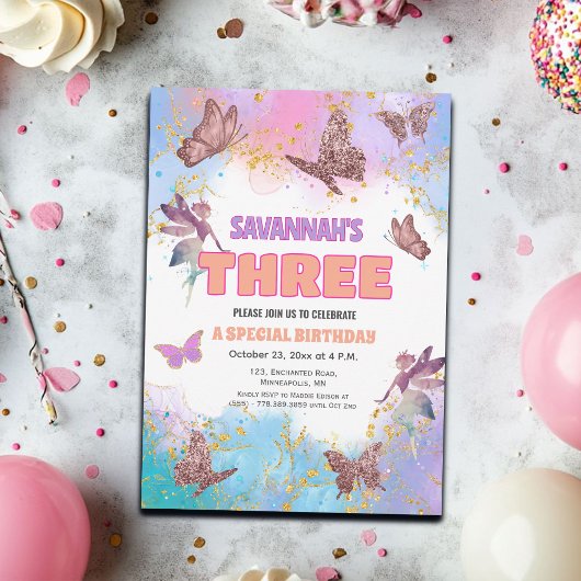 Butterflies Fairy Gold Glitter 3rd Birthday Party 招待状