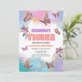 Butterflies Fairy Gold Glitter 3rd Birthday Party 招待状 (スタンド正面)