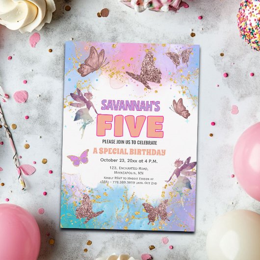 Butterflies Fairy Gold Glitter 5th Birthday Party 招待状