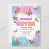 Butterflies Fairy Gold Glitter 7th Birthday Party 招待状 (正面)