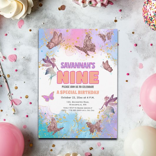 Butterflies Fairy Gold Glitter 9th Birthday Party 招待状