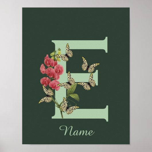 Butterflies Flower Monogram Initial E Personalized ポスター (正面)
