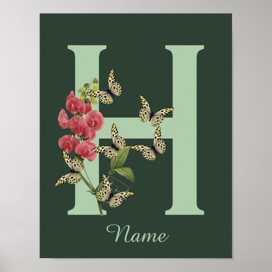 Butterflies Flower Monogram Initial H Personalized ポスター (正面)