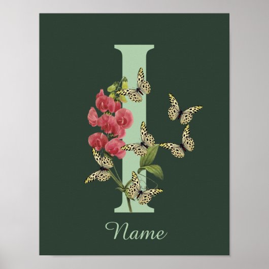 Butterflies Flower Monogram Initial I Personalized ポスター (正面)