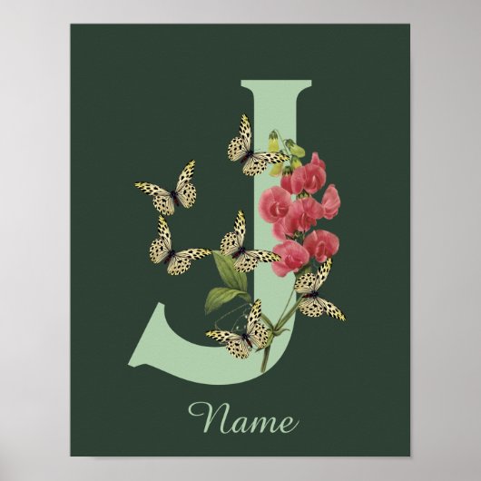 Butterflies Flower Monogram Initial J Personalized ポスター (正面)